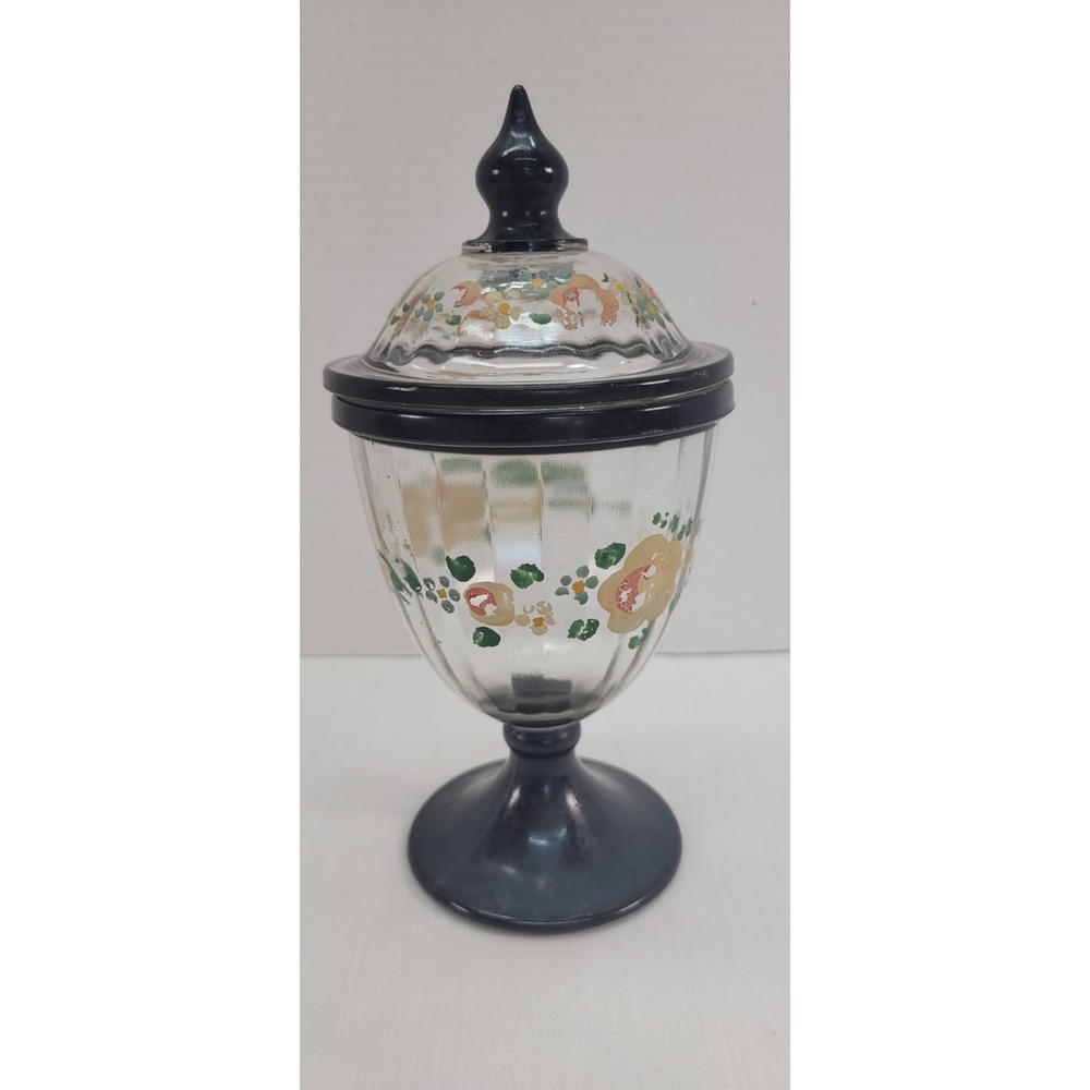 Heisey Glass Recessed Panel Lidded Candy Jar Black Base and Knob with Roses